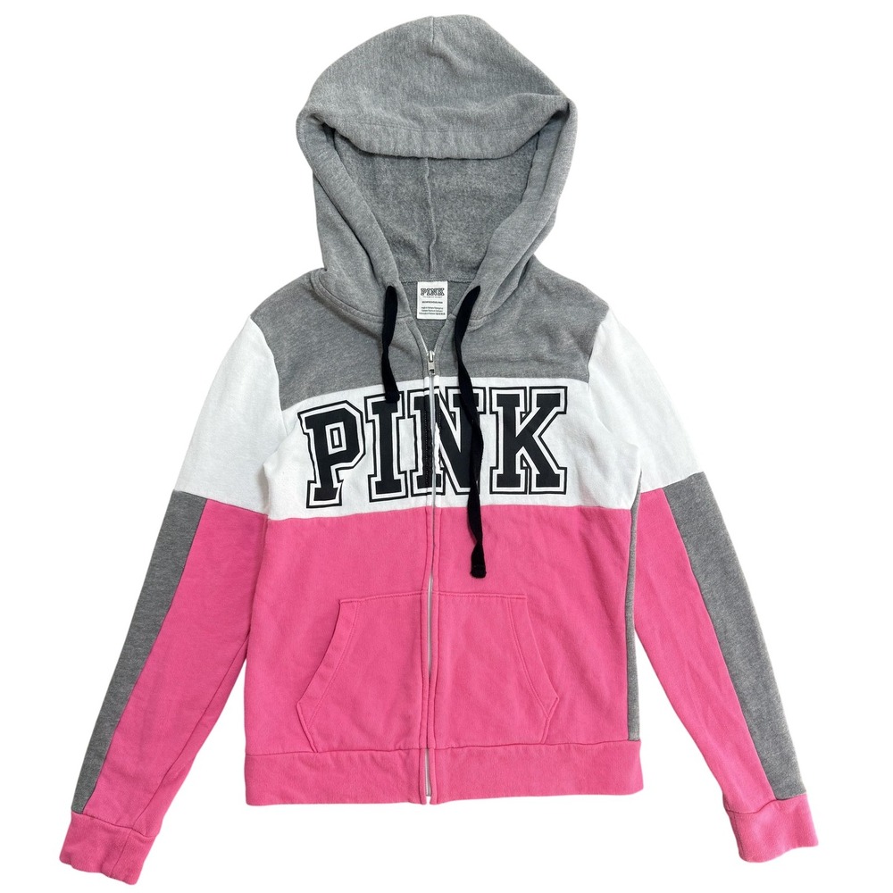 PINK Victoria's Secret Hoodie Womens XS Pink Gray Colorblock Full Zip Logo